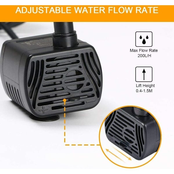 Dränkbar vattenpump, akvariepump justerbar 200L/H 3W Ultratyst Catit USB-pump för damm fisk tank fontän fisk T