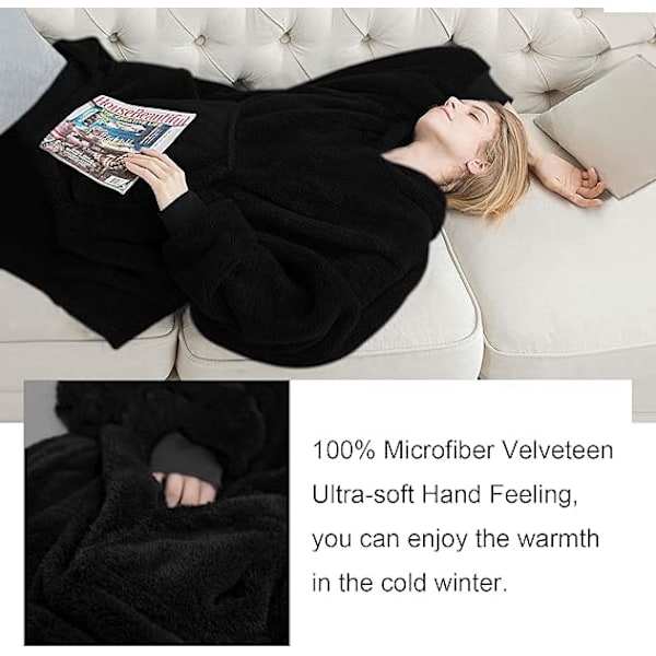 Hoodie-tæppe, Oversized Sherpa Hoodie, Bærbar Hoodie Sweatshirt-tæppe, Super Blød Varmt Behageligt Tæppe Hoodie, One Size Fits All Voksne Black