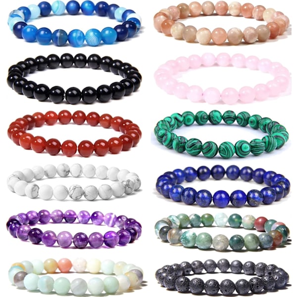 12 stk 8mm Halv-edelsten Perlearmbånd for Menn Kvinner Helbredende Stretch Runde Perle Krystall Edelstener Armbånd Unisex