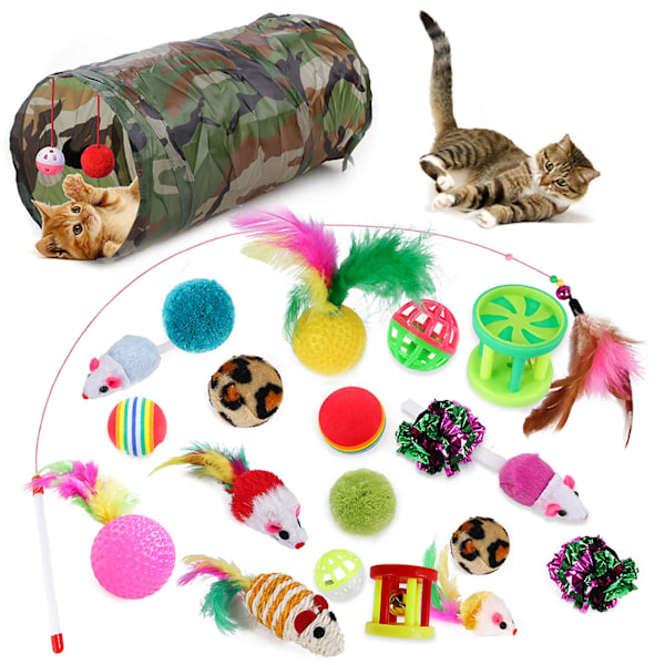 21 stycken kattleksaker, Kitty Toys Assorted, kattunnel fjäder teaser trollspö mus möss bollar och klockor leksaker set för katt