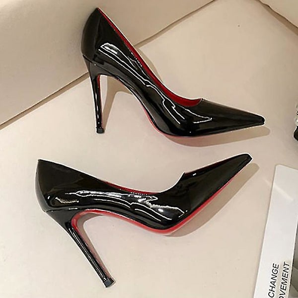 Dam Röda Sole Pumps Ny Sexig Botten Spetsig Tå Svart Tunna Högklackade Skor 8 cm 10 cm Grunt Sexig Bröllopssko 8cm 8cm 36