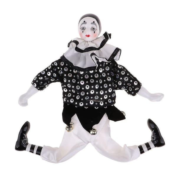 15-tums porslinsclowndocka klädd i vit och svart outfit, rolig harlekindocka, cirkus pro-FA5-