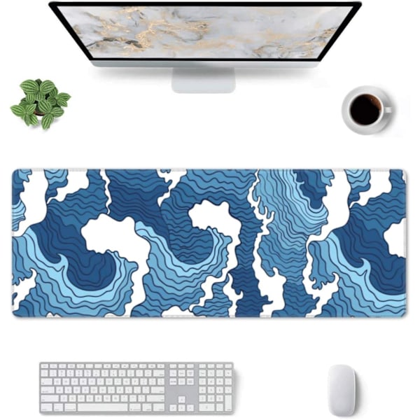 Japansk blå og hvid Sea Wave musemåtte XL udvidet skrivebordsmåtte, skridsikker gummibase syet kant Gaming PC Desktop Stor musemåtte, 31,5 x 11,8 tommer