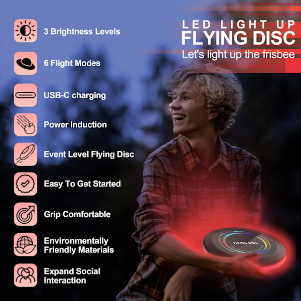 Laddningsbar LED-frisbee - 16 miljoner färger RGB - Smarta lägen - Automatisk tändning - Rolig present till jul, födelsedag och camping red