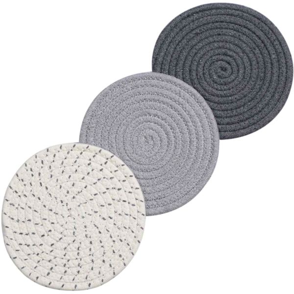 Grå 3-delars set: 100 % bomullssnöre flätad grytunderlägg set, 7\" diameter-FA-