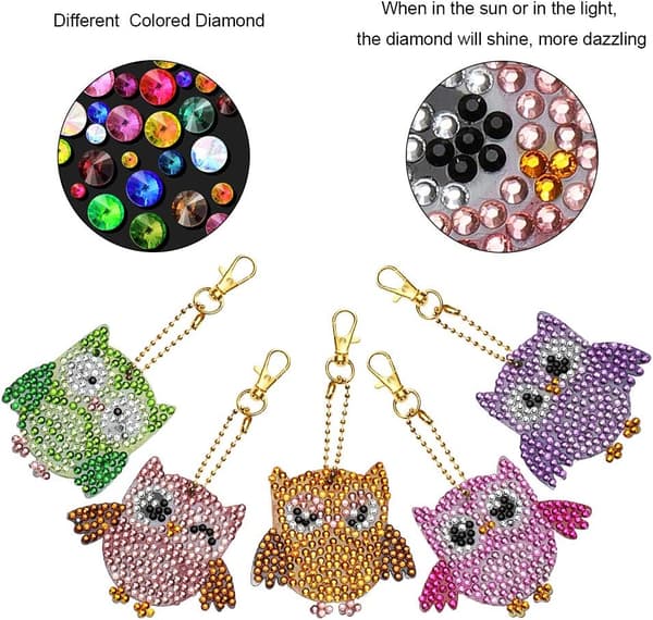 5 stk søde ugler 5D DIY Fuld Diamant Maleri Nøglering Rhinestone Pa-FA-