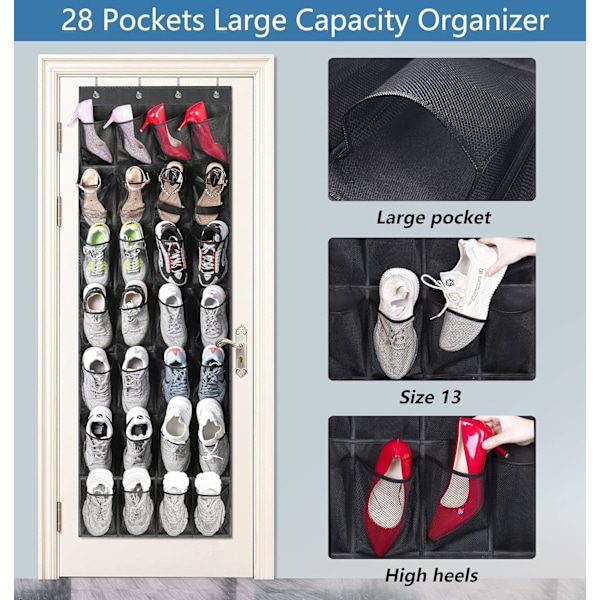 28 Store Lommer Over Dør Sko Opbevaring Organiser Garderobe Skostativ Net Hængende Opbevaring Sko Hængere Holder Organiser Black