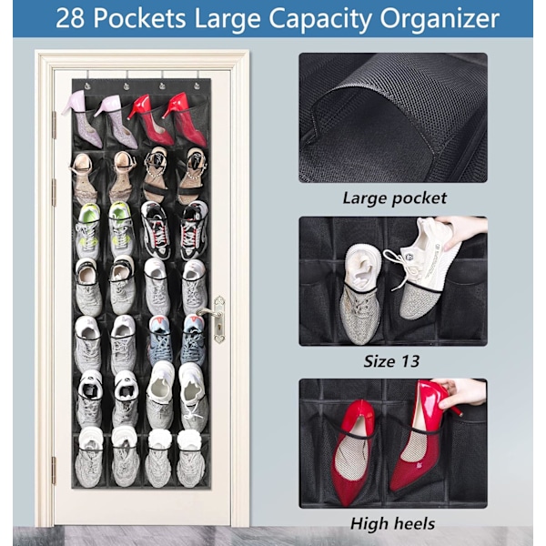 28 Store Lommer Over Dør Sko Oppbevaring Organiser Garderobe Skostativ Nett Henge Oppbevaring Sko Henger Holder Organiser Black