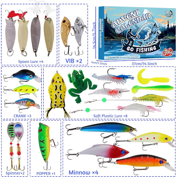 Julefiske Adventskalender 2024 - Fiskebete Sett, Fiskeutstyr for Voksne Menn og Gutter, Fisketilbehør (24 stk)