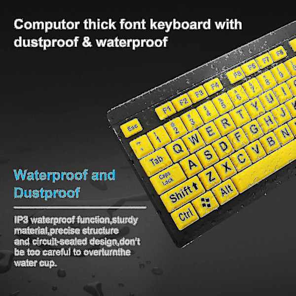 Tastatur med store taster - gul, kablet USB-tastatur med høy kontrast for synshemmede