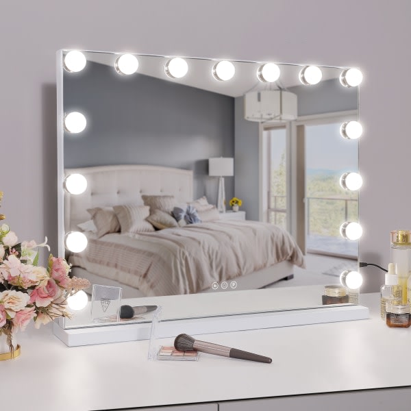 FENCHILIN Hollywood sminkspeil med lamper USB bordsplate veggmontert speil Hvit 58 x 46 cm Hvit 58 x 46cm