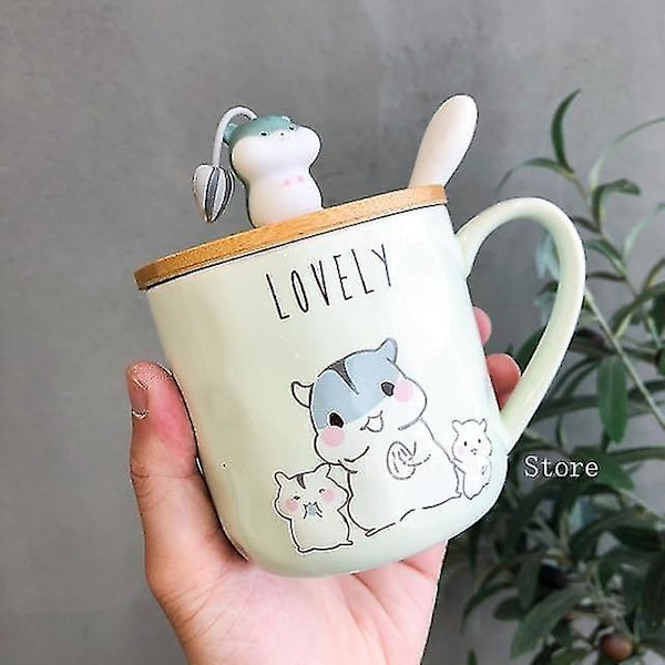 400 ml Koreansk Hamstermugg Tecknad Söt Sked Lock Grön