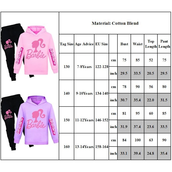 2-pak Barn Piger Barbie Hoodies Trøje Topper Bukser Outfit Sæt lilla purple 140cm