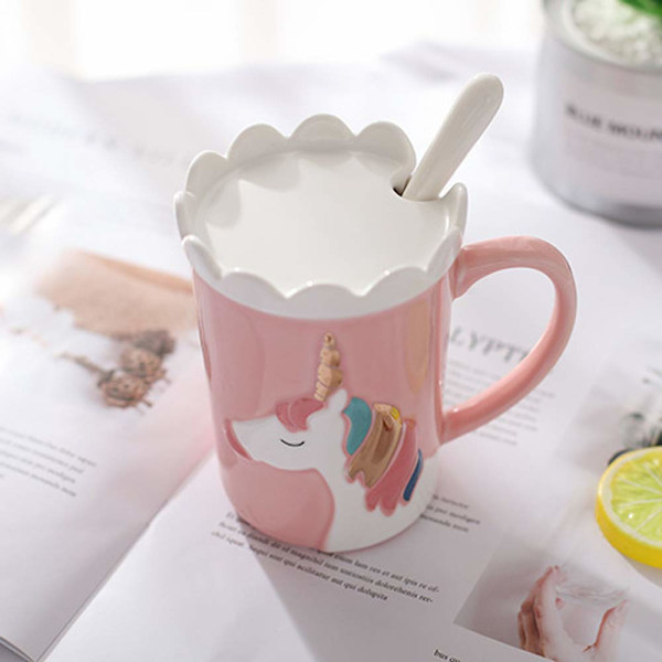 Söta muggar i keramik Enhörningsmugg Rolig kaffemugg Unika mjölktekoppar med spetslock och sked för barn, kvinnor, flickor (rosa)