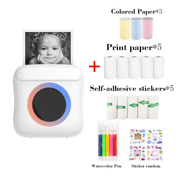Mini Trådløs Direkteudskrifts Fotoprinter, Bærbar Termisk BT-printer med Syv Farvede LED C