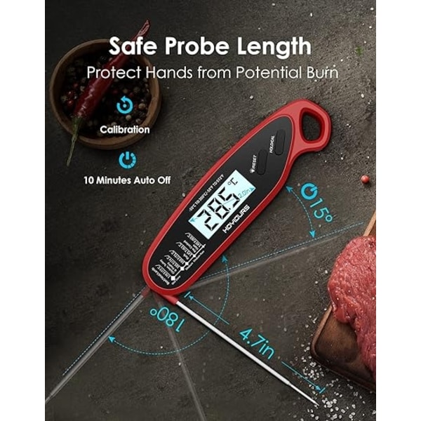 ACY Digitalt kjøkkentermometer Øyeblikkelig avlesning Kjøtttermometer, Lang sonde, Stor LCD-skjerm Dual M