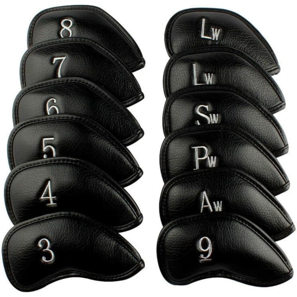 Golfklubbskydd Iron Headcover Set med 12 lyxiga syntetiska läderöverdrag (svart), Golfklubbskydd Headcover Set med Easy Number för män kvinnor