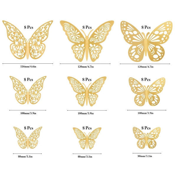 3D-kultaperhosseinäkoriste, 72 kpl 3 kokoa 3 tyyliä, irrotettava