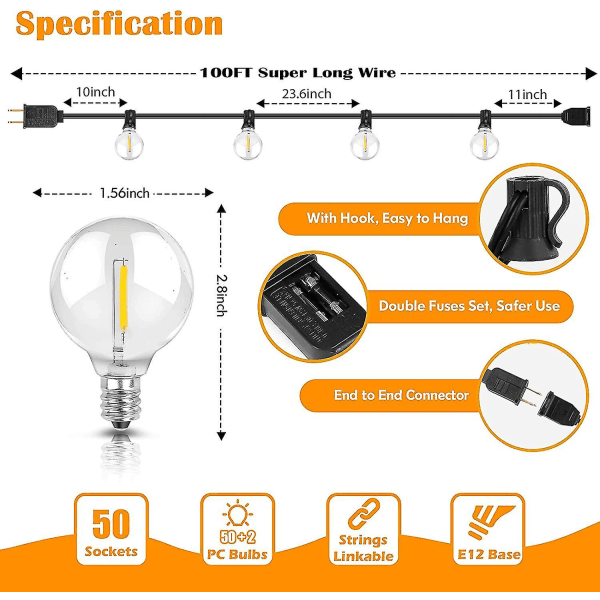 100ft ulko G40 Led-maapallovalosarja himmennettävä vedenpitävä rikkoutumaton valosarja 52 polttimolla liitettävät riippuvat ulkovalot terassille Ho