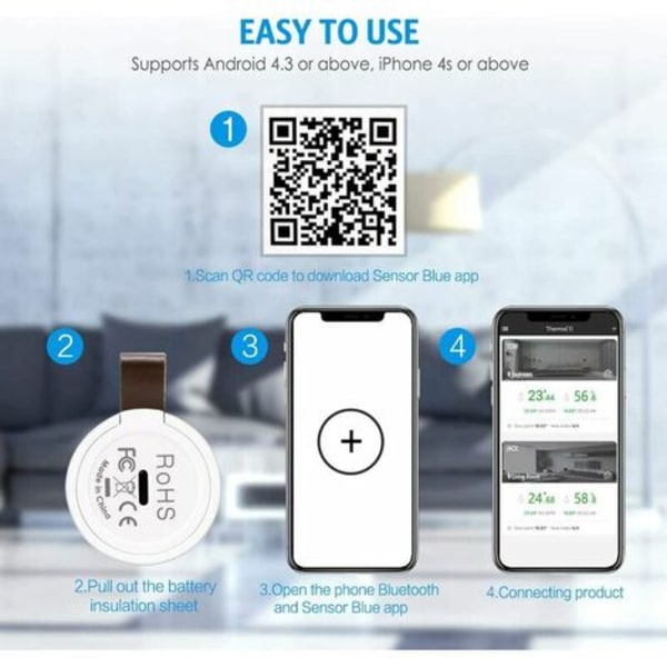 Bluetooth inomhushygrometertermometer, mini inomhustermometer, temperaturövervakningssensor, digital hygrometer för Hom