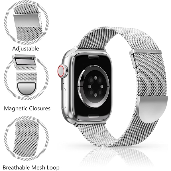 Apple Watch -remmi 41mm 40mm 38mm, Kaksinkertainen magneettinen säädettävä vaihtohihna iWatch Series 9 8 SE 7 6 5 4 3 2 1, Hopea Silver