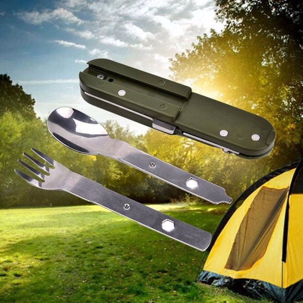 Gaffelskje, middagsgaffel, bærbar, militærgrønn, piknikbestikk, bestikk i rustfritt stål, spork, gaffel, reisesett, skje, camping, utendørsbestikk