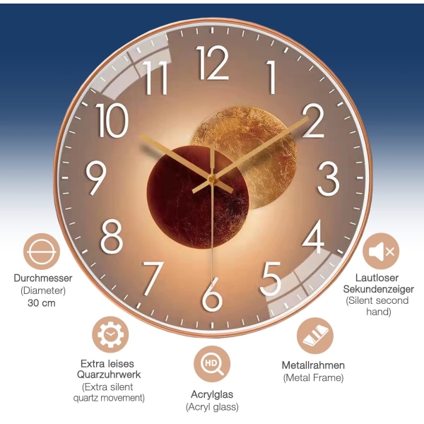 30 cm Moderne Kvarts Stille Veggklokke, Veggklokke Uten Tikkende Lyd, Kjøkken Veggklokke for Stue, Rom, Kontor (Gull)