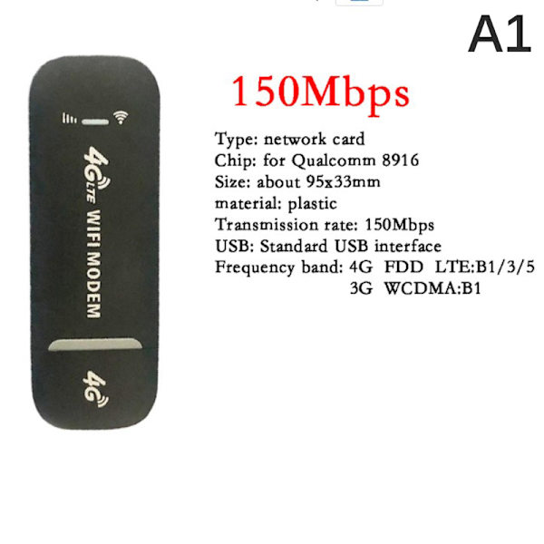 4G LTE Langaton USB-tikku Mobiililaajakaista 150 Mbps Modeemitikku black