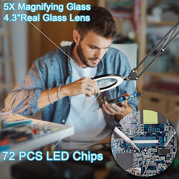 5x Forstørrelsesglass med Lys, 3 Fargemoduser Trinnløst Dimbar 8-diopter Ekte Glasslinse Forstørrelsesglass med Skrivebordslampe (FMY)