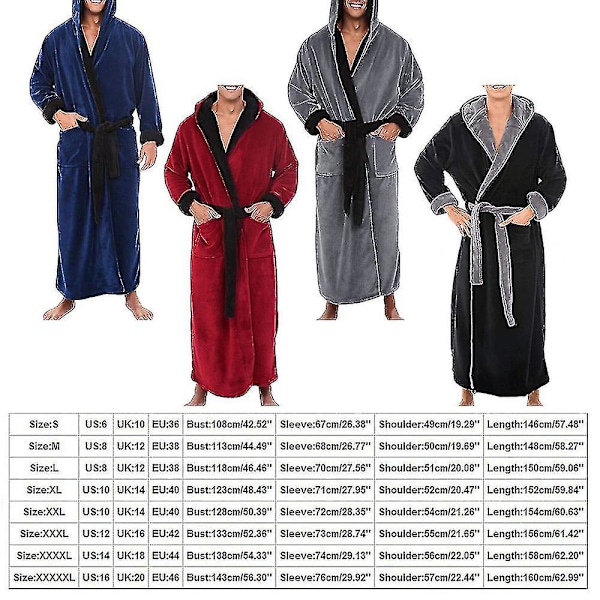 Herr Vinter Varm Huva Kappa Badrock Handduk Lång Morgonrock Svart Grå Black Grey 4XL