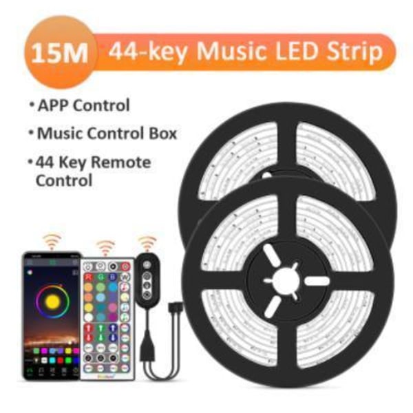 15M - 44-Tasters Musikk-LED-stripe - APP-kontroll - Musikkontrollboks MultiColo multicolor 15m 44key music led strip 18led/m