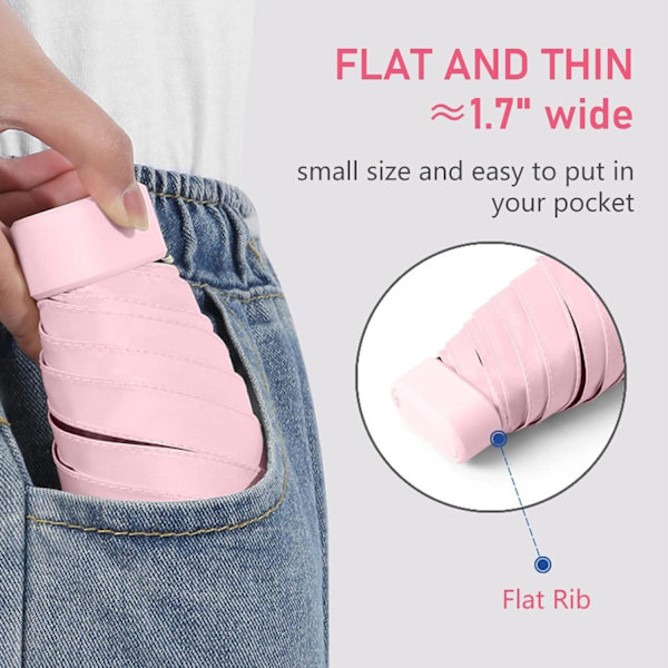Miniparaply UPF50+ suojalla, kevyt ja kompakti paraply naisille ja lapsille, kannettava UV-paraply säilytyslaatikolla, käsilaukku-kokoinen Pink