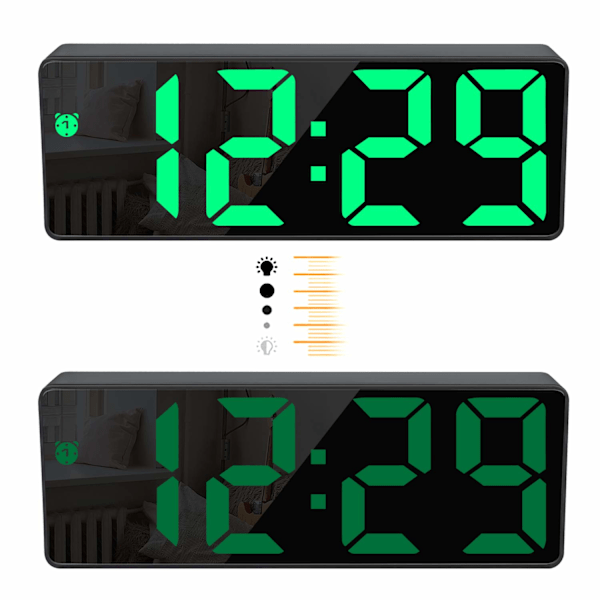 Digital väckarklocka, stor LED-display, spegelklocka och ljusstyrka justerbar USB-laddningsanslutning väckarklocka för sovrum, kontor