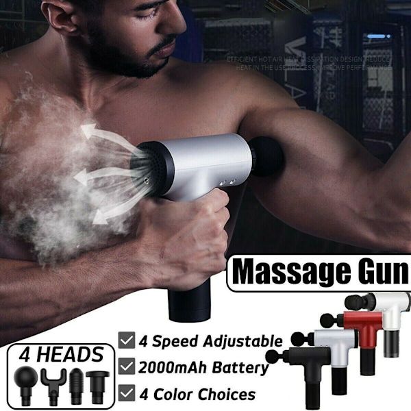 4 massagehuvuden elektrisk massagepistol massagepistol djup vävnadsmuskelmassage handhållen massager med 6 växlar 2100-3600 / min svart