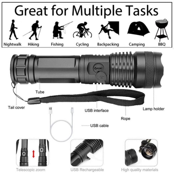 12000 Lumen Ultra Kraftfuld LED-lommelygte, USB-genopladelig