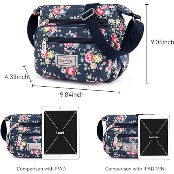 Dam Multi-Pocket Casual Crossbody Handväskor Vattentäta Nylon Axelväskor (Blommig-Marinblå)-FA15-