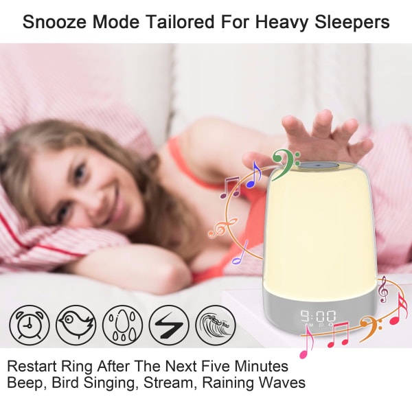 Touch Wake Up Nattlampa med Soluppgångssimulering Väckerklocka, 3 Sätt Dimbar Varmvit Sänglampa RGB Atmosfärisk Bordssänglampa, Timerläge