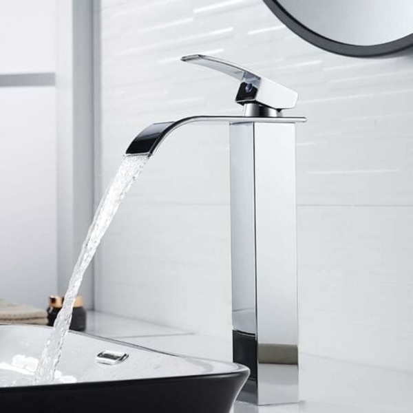 Moderni korkea vesiputous hana, tyylikäs design kylpyhuonehana, messinki yksikahvainen korkea allashana, kuuma ja kylmä vesi saatavilla