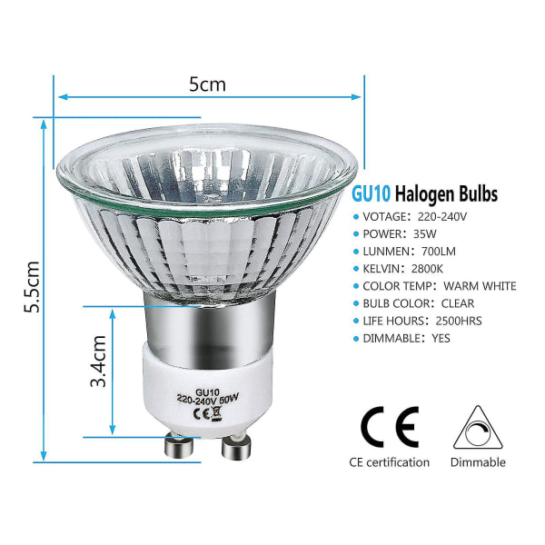8-pack GU10 Halogenlampor 35W, 220V, Varmvit 2800K
