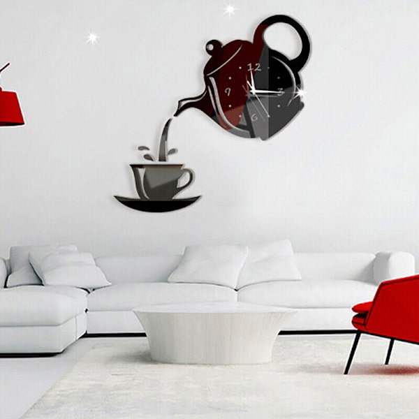 DIY Akryl Kaffe Kopp Te Kanna 3D Väggklocka Dekorativa Kök black