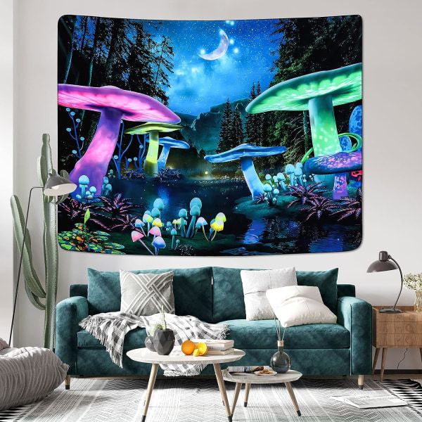 Blacklight Gobeläng för sovrum Estetik, Gobeläng UV-reaktiv Galaxy Space Glow In the Dark, Fantasy Forest Moon Wall Tapestry f