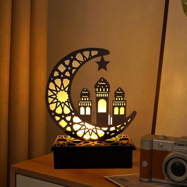 Træ LED lampe Ramadan dekoration Halvmåne stjerne lys Muslimsk Islam Eid-FA-