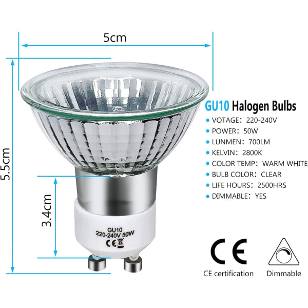 GU10 halogenpære 50W dæmpbar, 220V GU10 halogenpære 2 stifter, 2800K varm hvid lys, 700 lumen