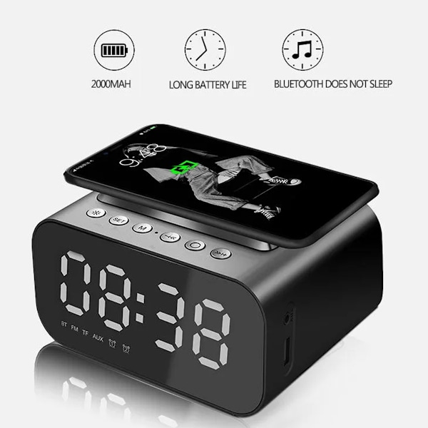 3 in 1 digitaalinen herätyskello langaton lataus, LED-laturi-kaiutin, Bluetooth -kaiutin LED-näytöllä, herätyskello Power Bank-kaiutin kotiin, black