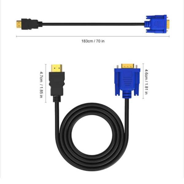 HDMI til VGA Kabel 1.8m 1080P Full HD Støtte PC, Laptop, DVD, HD