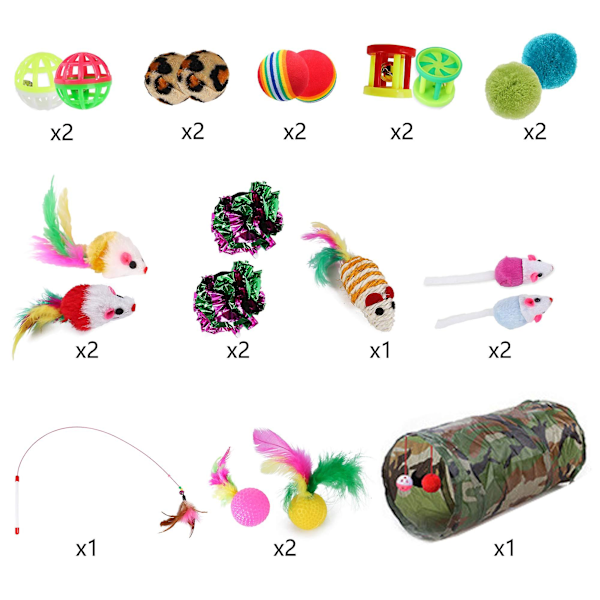 21 stycken kattleksaker, Kitty Toys Assorted, kattunnel fjäder teaser trollspö mus möss bollar och klockor leksaker set för katt