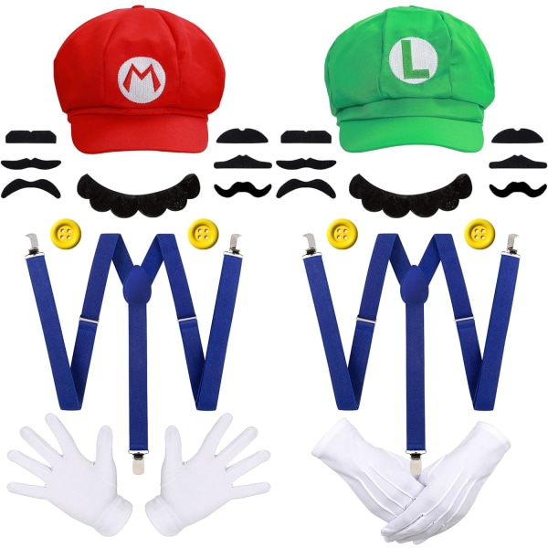 Super Mario Bros Mario og Luigi Hatter Kepsar Mustascher Hansker Knapper Cosplay Kostyme