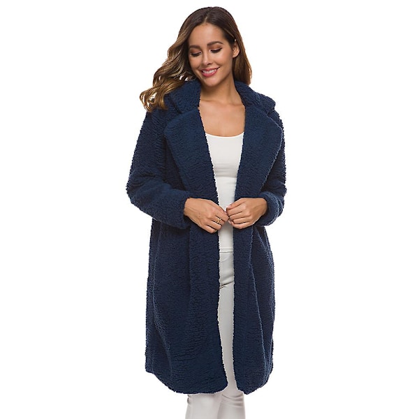 Dam Plysch Lapel Lång Kappa Vinter Fleece Parka Långärmad Trench Coat Vinterjacka CNR Z X Marinblå Navy Blue M