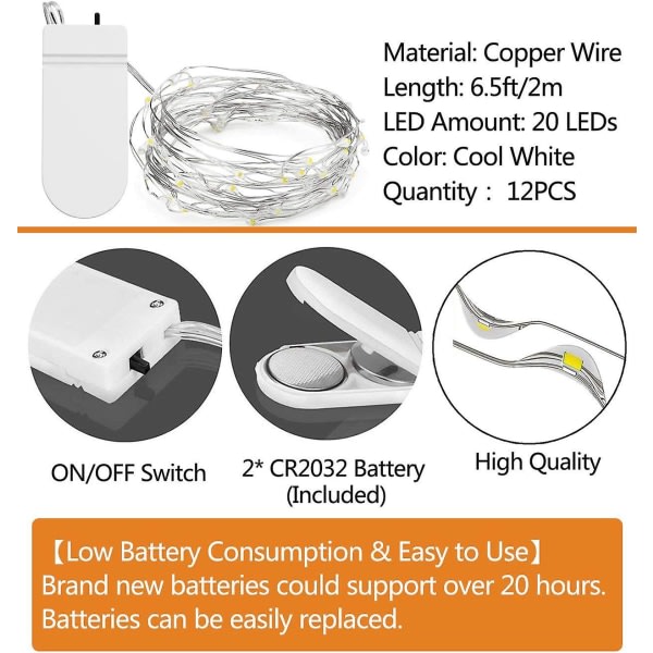 12-pakning batteridrevne lysslynger, 20 LED-er 2m kobberstrenger