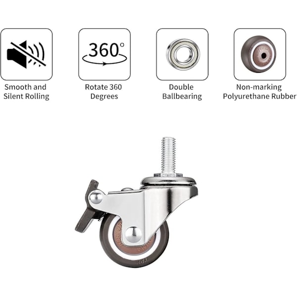 4-pakkia Pieniä Huonekalujen Pyöriä 25mm Pehmeät TPE-Kumirenkaat M6 X 15mm Kierteet (2 kpl Jarrulla) (25mm)